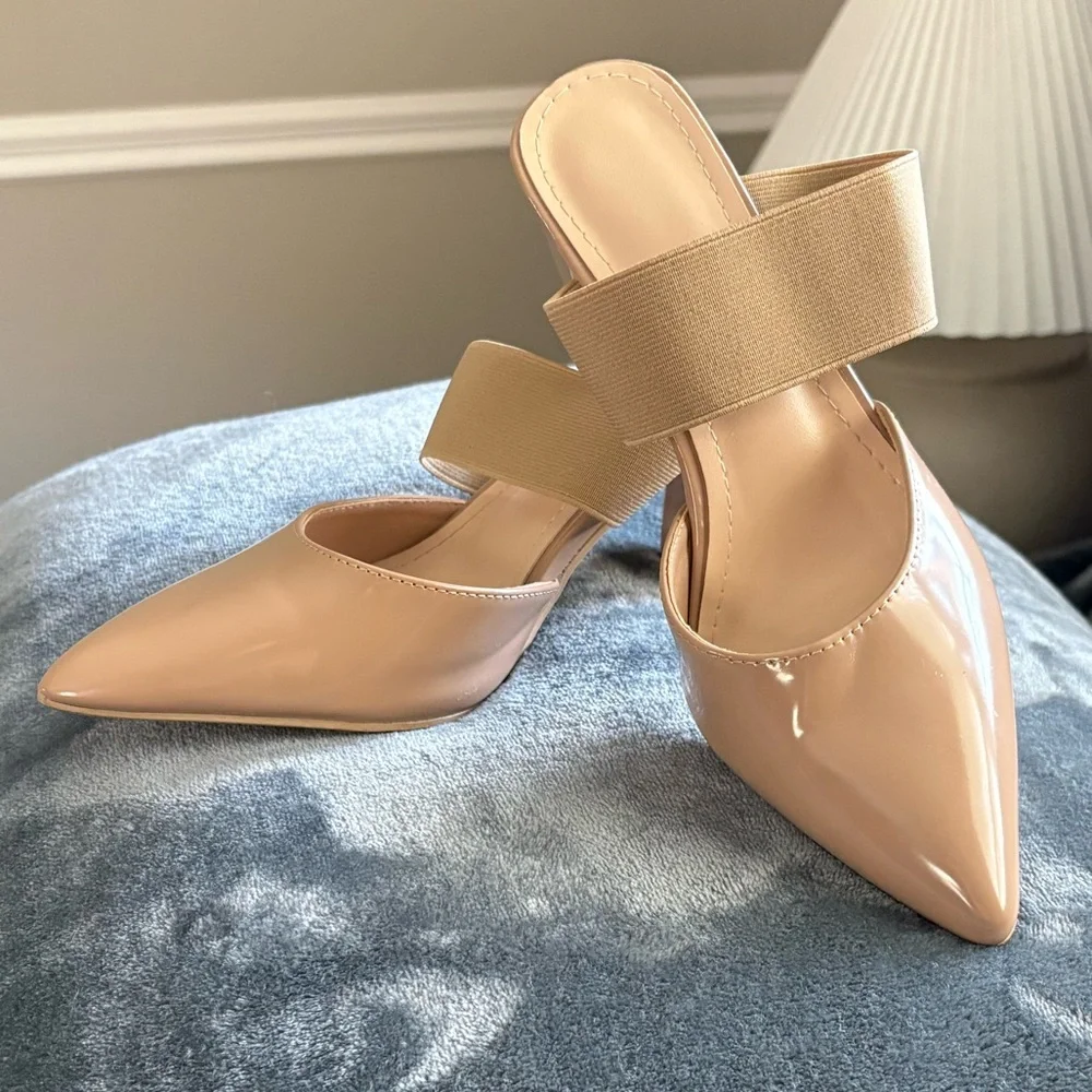 Nude Patent Pointed Toe Block Heel Mules Elastic Strap Size 38 Chic